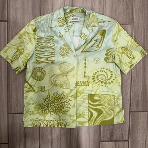 Saturdays NYC Camp Collar Shirt M Green Abstract Botanical Print Short Sleeve
